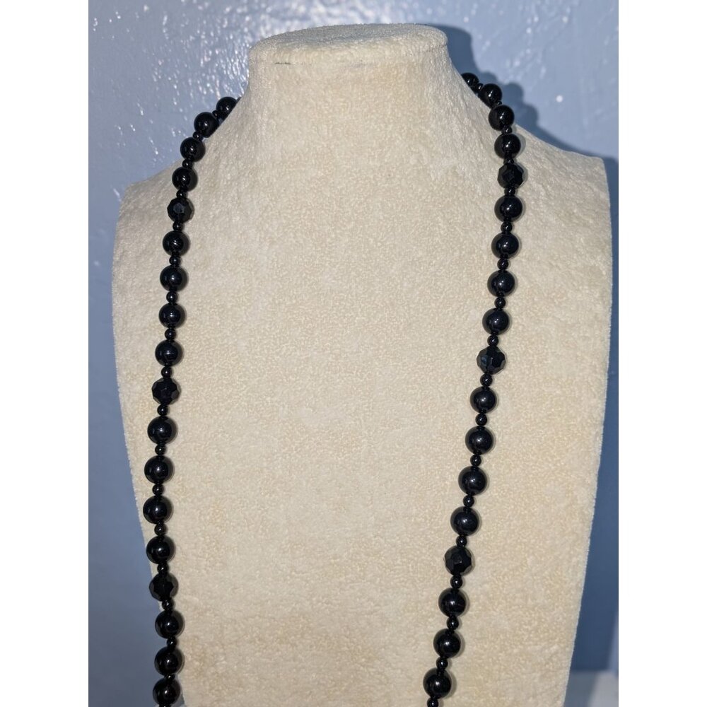 Black Beaded 64" Necklace Faceted Beads Silver Toggle Closure - Picture 11 of 14